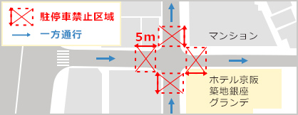 ホテル周辺の駐停車禁止を表したマップです。ホテルが面している交差点の5m以内は4方向とも駐停車禁止です。